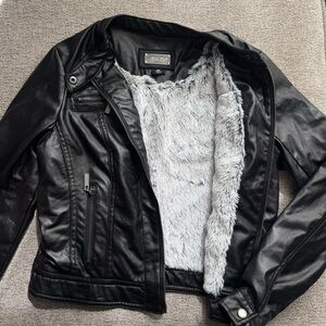Jou Jou Black Faux Leather Jacket with Gray Faux Fur Trim